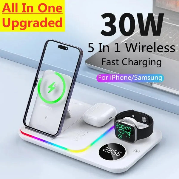 5 In 1 Wireless Charger Stand Light Alarm Clock Fast Charging.